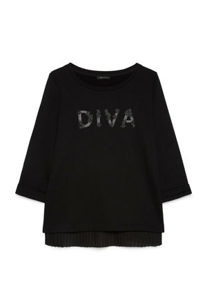 Camiseta negra de manga larga con dobladillo plisado y texto "DIVA" en lentejuelas negras con motivo floral en el pecho.