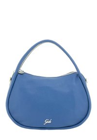 Borsa a tracolla in pelle blu con una forma curva, un manico singolo e una zip argentata. Logo visibile nella parte anteriore inferiore. Texture liscia.