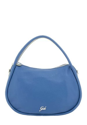 Borsa a tracolla in pelle blu con una forma curva, un manico singolo e una zip argentata. Logo visibile nella parte anteriore inferiore. Texture liscia.
