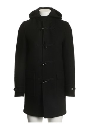 Manteau duffle-coat à capuche noir avec fermetures à bascule et poches avant, présenté sur un torse de mannequin blanc.