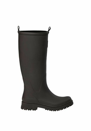 Botte de pluie en caoutchouc noire et haute avec des languettes en haut et une semelle épaisse à crampons, montrée en profil sur fond blanc.