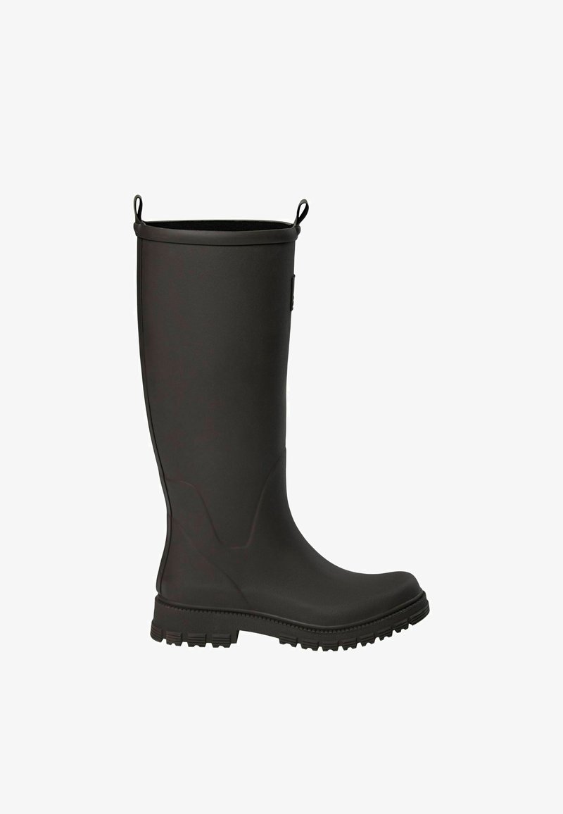 Botte de pluie en caoutchouc noire et haute avec des languettes en haut et une semelle épaisse à crampons, montrée en profil sur fond blanc.