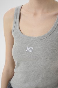 Gray ribbed tank top with a scoop neckline, featuring a small white logo embroidered on the chest. Soft texture and fitted design.