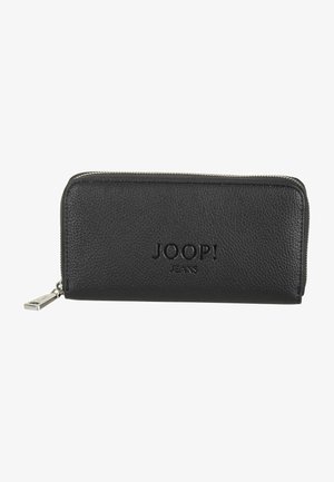 Black leather wallet with a textured surface, zip closure, embossed "JOOP! JEANS" logo, and a silver hardware accent on the zipper pull.