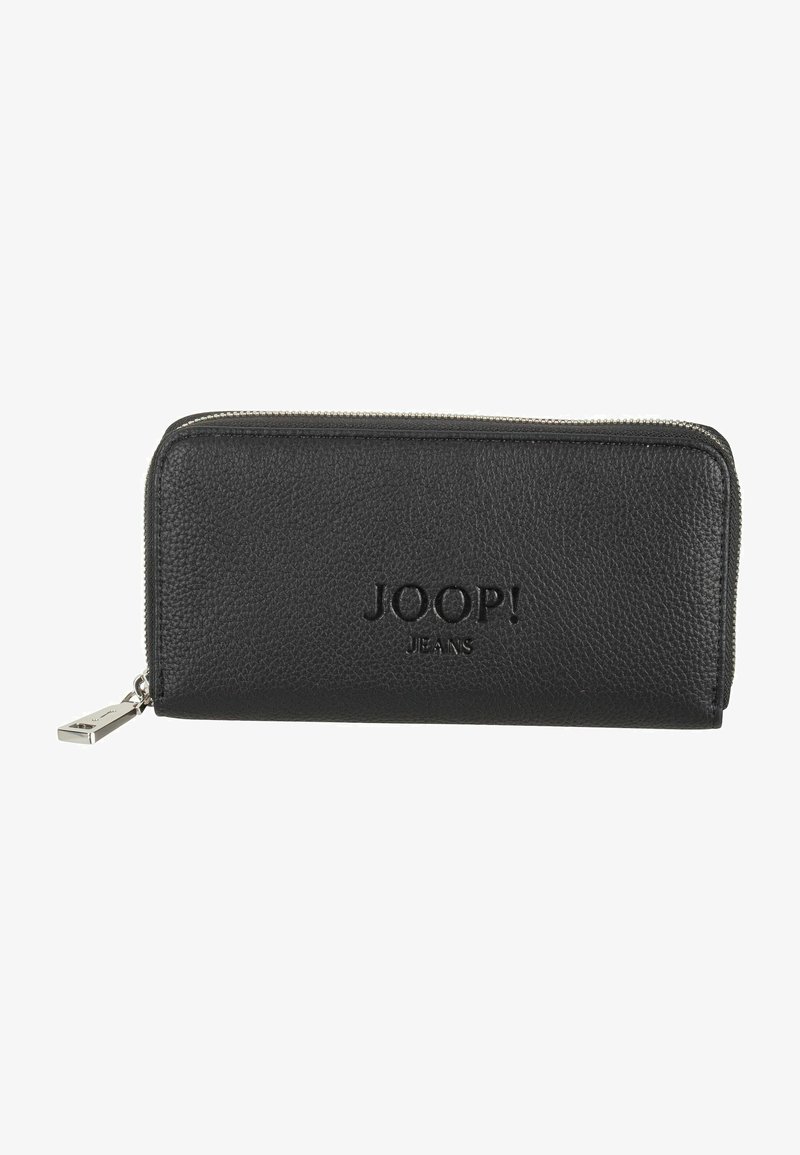 Zwarte leren portemonnee met een textuur, ritsluiting, geperst "JOOP! JEANS" logo en een zilveren hardware accent op de rits.