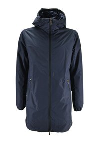 Giacca impermeabile blu navy con chiusura a zip frontale, cappuccio regolabile e due tasche laterali. Texture liscia con polsini elasticizzati.