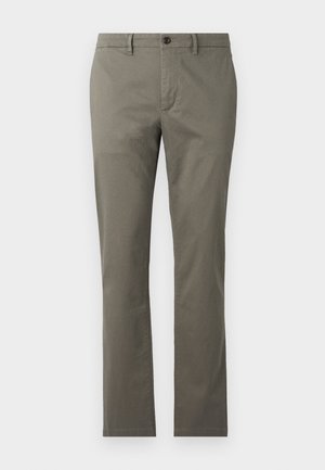 Graue Baumwollhosen mit geraden Beinen, einem standardmäßigen Bund und einem einzelnen Knopfverschluss. Sie zeichnen sich durch eine glatte Textur und minimale Nähdetails aus.