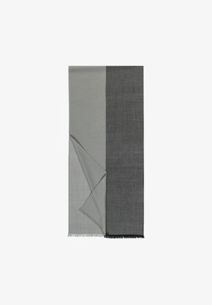 Two-tone scarf with light gray on the left and dark gray on the right, one corner folded showing fabric texture and fringed edges.