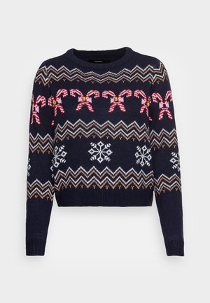 Navy blue knit sweater with red and white candy canes, white snowflakes, zigzag patterns, and small gold bells across the chest and sleeves.