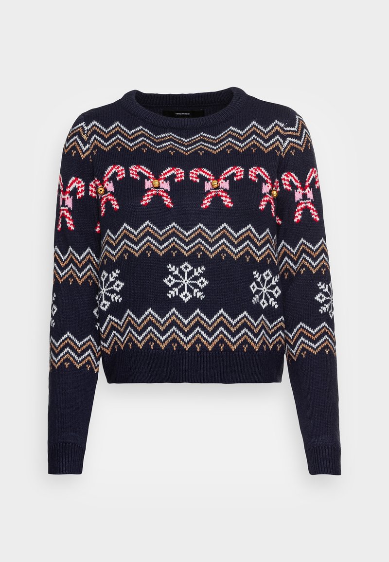 Pull en maille bleu marine avec des cannes en sucre d'orge rouges et blanches, des flocons de neige blancs, des motifs en zigzag et de petites clochettes dorées sur la poitrine et les manches.