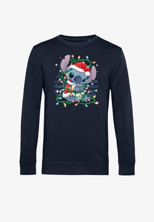 Marineblauer Sweatshirt mit einem grafischen Motiv eines Charakters in einem Weihnachtsmannhut, der in bunten Lichtern eingewickelt ist. Lange Ärmel und runder Halsausschnitt. Weiche Textur.