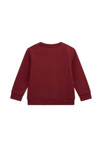 Felpa bordeaux con maniche lunghe, scollatura rotonda e polsini e orlo a costine. Texture liscia, design minimalista senza loghi visibili.