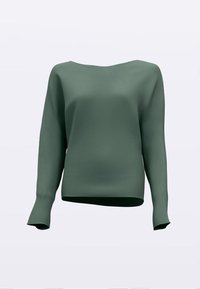 Pulover verde din tricot cu textură nervurată, guler bărcuță, mâneci lungi și croială lejeră. Prezintă o textură netedă și o tivă ușor curbată.