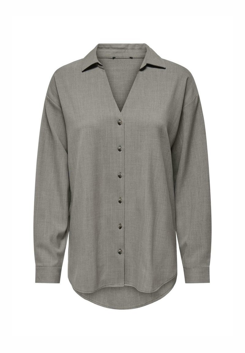 Light gray long-sleeve blouse with a V-neck, button front, and ribbed texture; features a classic collar and rounded hem.