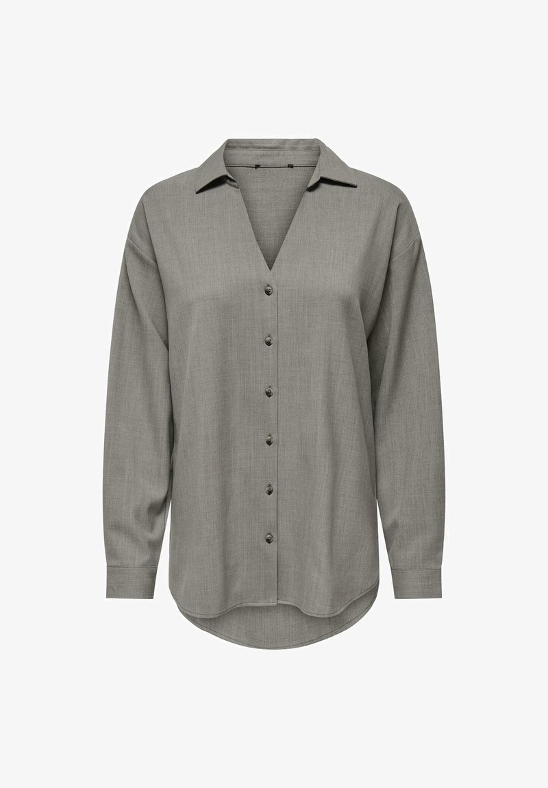 Light gray long-sleeve blouse with a V-neck, button front, and ribbed texture; features a classic collar and rounded hem.