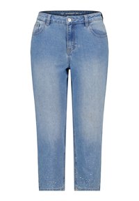 Jean droit bleu clair avec fermeture à bouton, cinq poches, et des strass décoratifs près de l'ourlet, fabriqué en tissu denim.