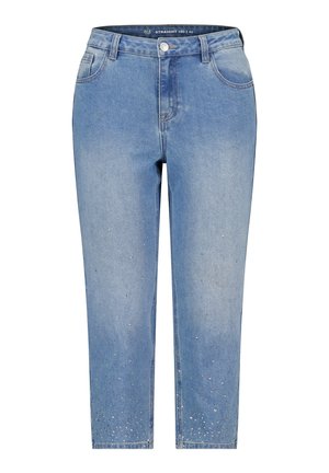 Jean droit bleu clair avec fermeture à bouton, cinq poches, et des strass décoratifs près de l'ourlet, fabriqué en tissu denim.