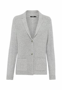 Grauer Strickcardigan mit Schalkragen, zwei vorderen Taschen, einem Knopfverschluss und gerippten Bündchen; weiche Textur, schlichtes Design.