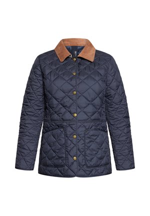 Marineblauwe gewatteerde jas met bruine corduroy kraag, drukknoopsluiting aan de voorkant, lange mouwen en twee grote voorzakken.