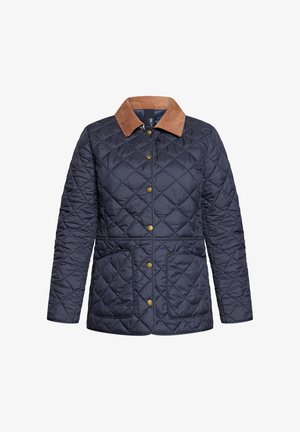 Veste matelassée bleu marine avec col en velours côtelé marron, boutons-pression à l'avant, manches longues et deux grandes poches avant.