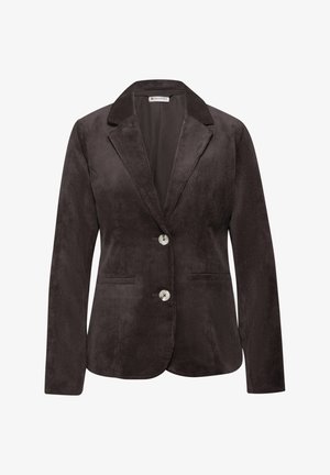 Blazer en velours côtelé marron foncé avec un col cranté, fermeture à deux boutons, deux poches avant et une texture douce.