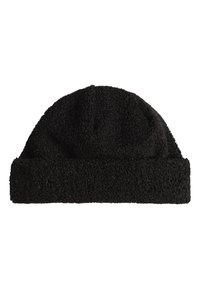 Berretto nero realizzato in un tessuto morbido e strutturato. Presenta un orlo arrotolato e un design a cappello arrotondato per offrire calore e comfort.