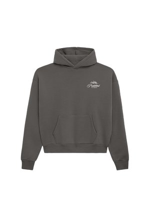 Szara bluzka z kapturem, wykonana z mieszanki bawełny, z kieszenią typu kangurka i białym napisem logo na piersi, z prążkowanymi mankietami i dołem.