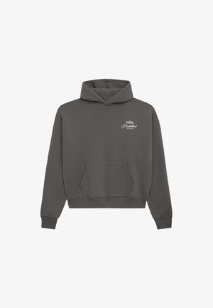 Szara bluzka z kapturem, wykonana z mieszanki bawełny, z kieszenią typu kangurka i białym napisem logo na piersi, z prążkowanymi mankietami i dołem.