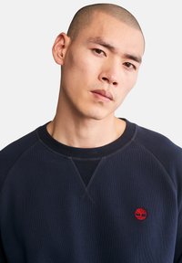 Felpa blu scuro con collo a girocollo a coste e maniche raglan. Presenta un piccolo logo rosso sul petto e un tessuto testurizzato.
