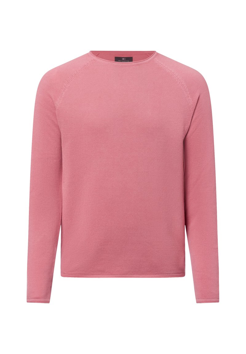 Langärmliger Pullover aus strukturiertem, hellrosa Material, mit Rundhalsausschnitt und Raglanärmeln. Keine sichtbaren Beschläge oder Muster.