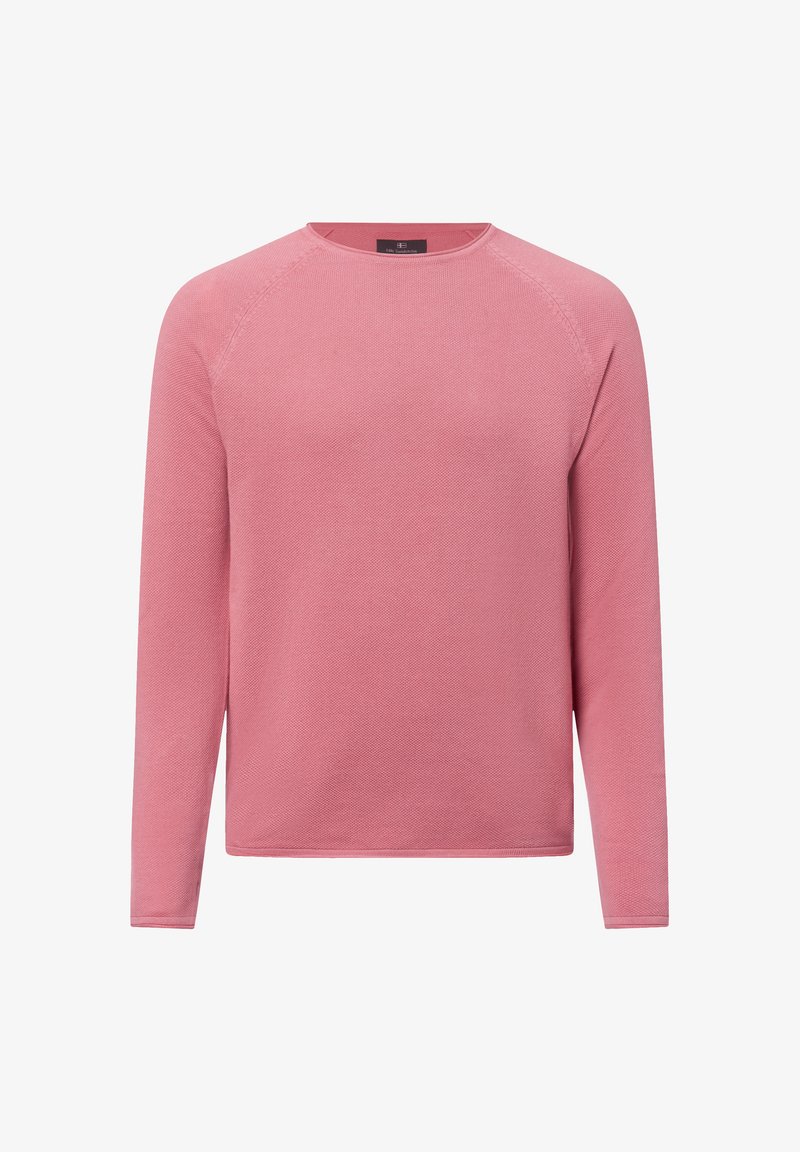 Long-sleeve pullover in textured light pink fabric, featuring a crew neck and raglan sleeves. No visible hardware or patterns.