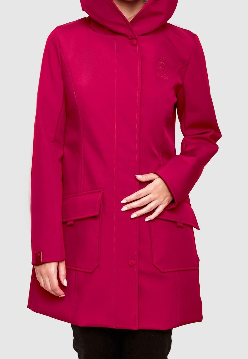 Fuchsia hooded coat with a button closure, two side pockets, and stitching details. Made of smooth fabric, featuring a slightly tapered fit.