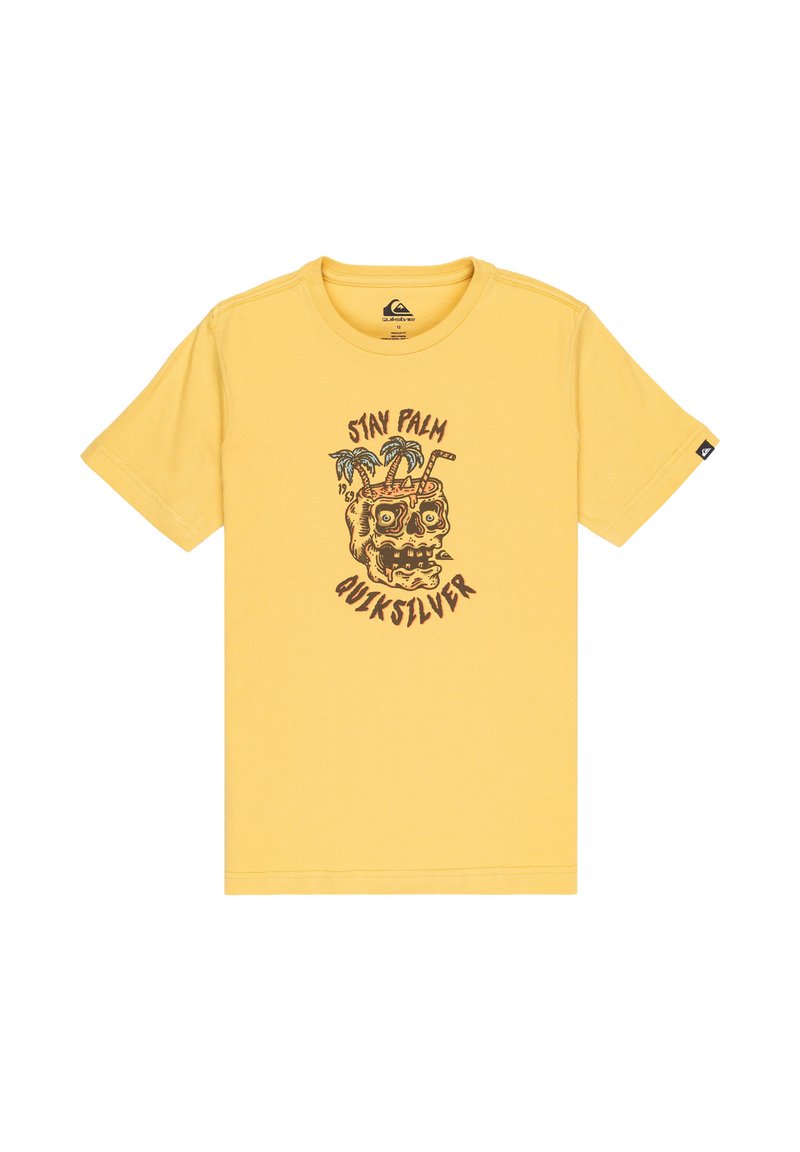 Żółta bawełniana koszulka z krótkim rękawem, z czarną grafiką czaszki otoczoną palmami oraz napisem "Stay Palm Quiksilver".