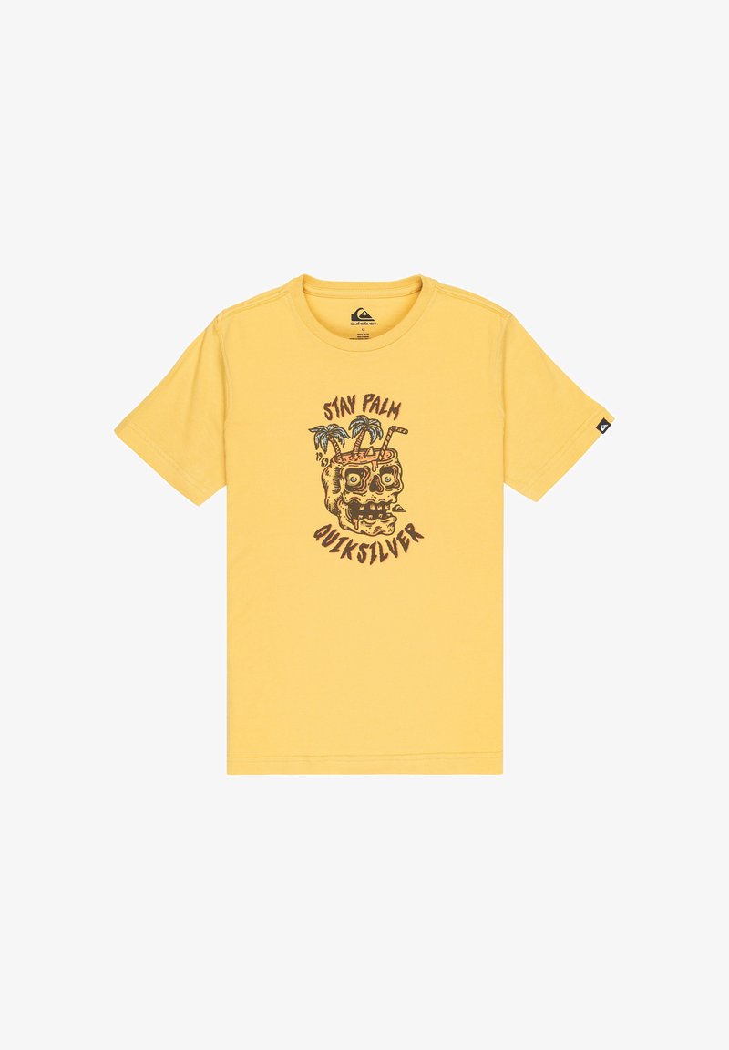 T-shirt en coton jaune à manches courtes avec un graphique noir d'un crâne entouré de palmiers et le texte "Stay Palm Quiksilver".