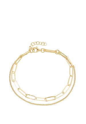 Goldfarbene Armbanduhr mit zwei geschichteten Ketten-Designs: verlängerte Glieder und eine zarte, verdrehte Kette. Verstellbarer Verschluss mit Verlängerungskette.