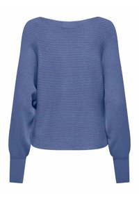 Blauwe geribbelde trui met een brede halslijn. Heeft lange, volumineuze mouwen en een cropped model, gemaakt van zacht gebreid materiaal.