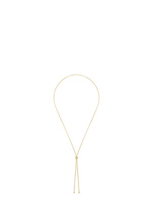 Regulowany cienki naszyjnik z cienkiego złotego łańcuszka z małym suwakowym węzłem i dwoma zwisającymi końcami z drobnymi okrągłymi złotymi koralikami.