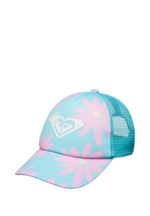 Hellblaues Baseballcap aus Mesh mit rosa Blumenmuster und weißem herzförmigem Logo auf der Vorderseite.