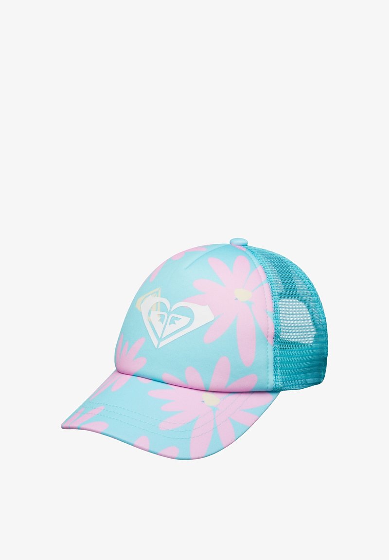 Gorra de béisbol de malla azul claro con patrón de flores rosas y logotipo blanco en forma de corazón en el panel frontal.