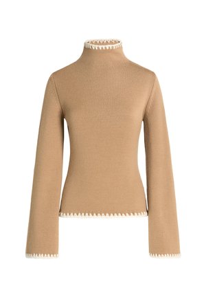 Beige knit sweater with high neck, flared sleeves, and cream-colored scalloped trim along the neckline and hem. Soft texture.