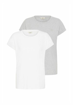 Ensemble de t-shirts en coton blanc et gris clair. Comprend des manches courtes et un col ras du cou. Design simple sans motifs ni embellissements visibles.