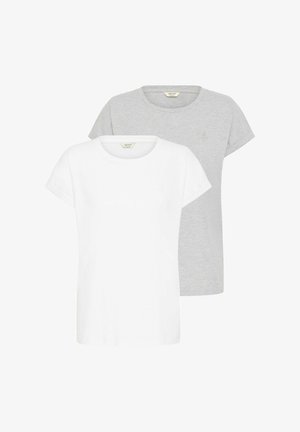Ensemble de t-shirts en coton blanc et gris clair. Comprend des manches courtes et un col ras du cou. Design simple sans motifs ni embellissements visibles.