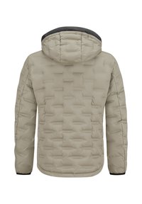 Helle beige Steppjacke mit strukturiertem Äußeren. Verfügt über eine Kapuze, elastische Bündchen und ein schlankes Design. Schwarze Akzente in der Nähe der Kapuze.