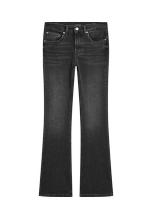 Schwarze Schlagjeans aus Denim. Mit einem Fünf-Taschen-Design, Knopfverschluss und subtilen Ausbleichungen. Der Saum ist weit und sorgt für eine lässige Passform.