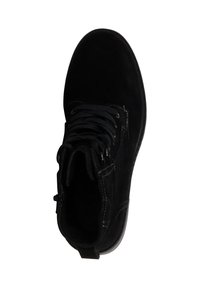 Black suede ankle boot with round toe, lace-up front, and stitched detailing. Features a textured sole and pull tab at the back.