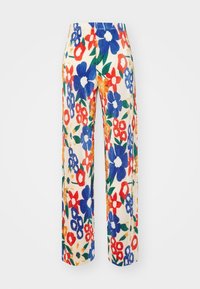 Pantalon blanc taille haute avec un imprimé floral coloré comprenant de grandes fleurs bleues, rouges et oranges ainsi que des feuilles vertes, présenté sur un fond uni.