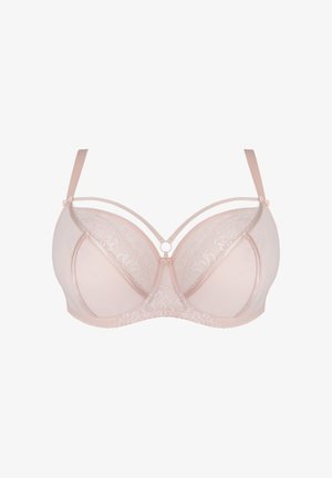 Soutien-gorge sous-vêtu rose clair avec des panneaux en dentelle et transparents, comportant des bretelles ajustables et des détails décoratifs au centre et sur les bretelles.