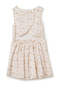 Vestido blanco con un patrón floral en beige. Tiene un escote redondeado, diseño sin mangas y una cintura elástica para una falda con vuelo.