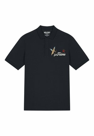 Polo nero realizzato in cotone, caratterizzato da un design ricamato sul lato sinistro anteriore con un cherubino e "Je t'aime" in colori a contrasto.