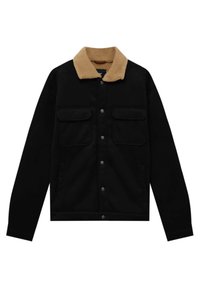 Sort jakke med en tan faux fur krave, med to brystlommer, sidelommer og trykknaplukning. Glat stof texture.